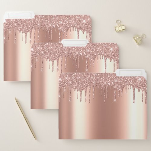 Rose Gold Metal Look Glitter Drips Sparkle File Folder