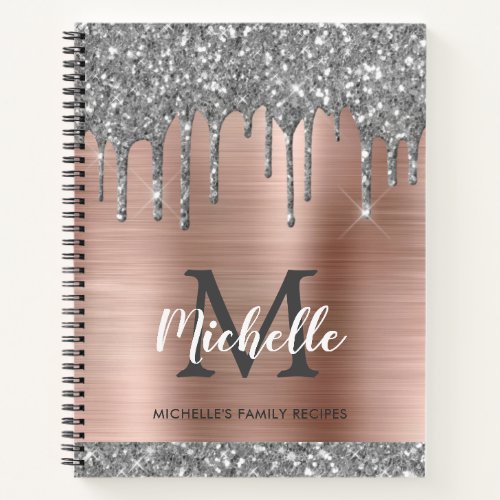 Rose Gold Metal Silver Glitter Drips Monogram Notebook