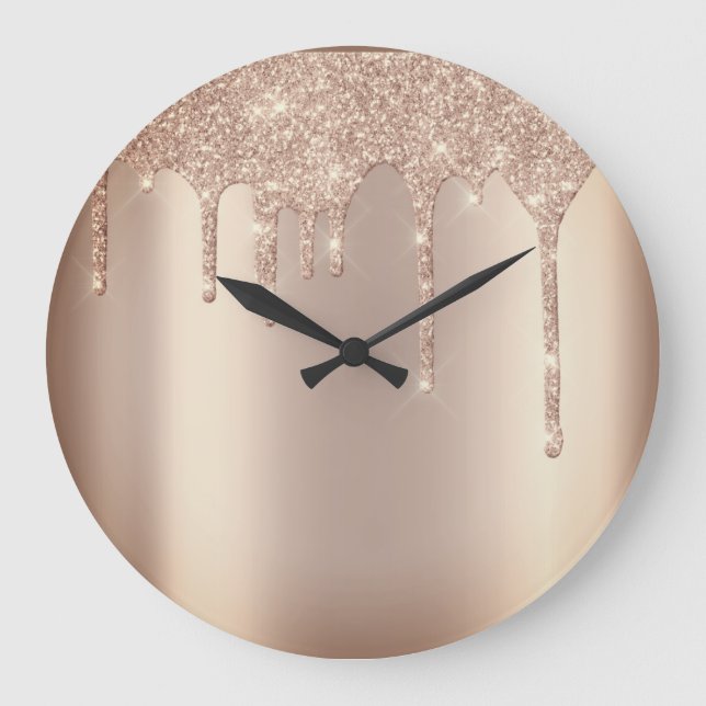 Rose Gold Metal Spark Glitter Drip Blush Glitter Large Clock (Front)