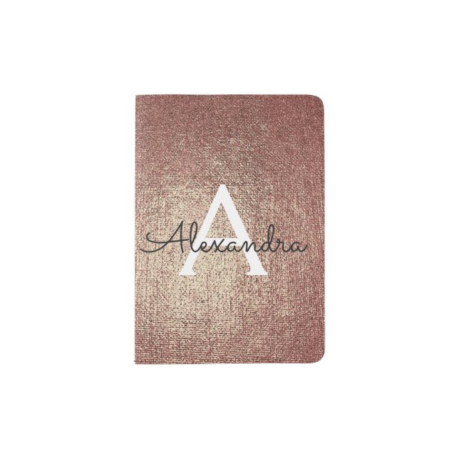 Rose Gold Metalic Fabric Monogram Name Passport Holder (Front)
