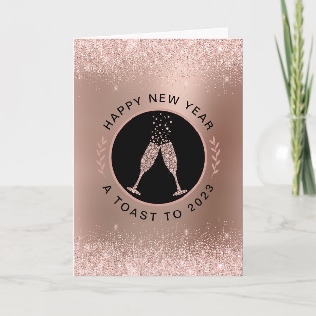 Rose Gold Metallic Blush Glitter Happy New Year Holiday Card (Front)