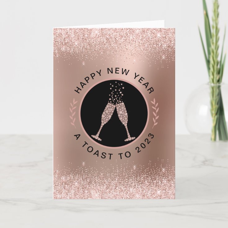 Rose Gold Metallic Blush Glitter Happy New Year Holiday Card | Zazzle