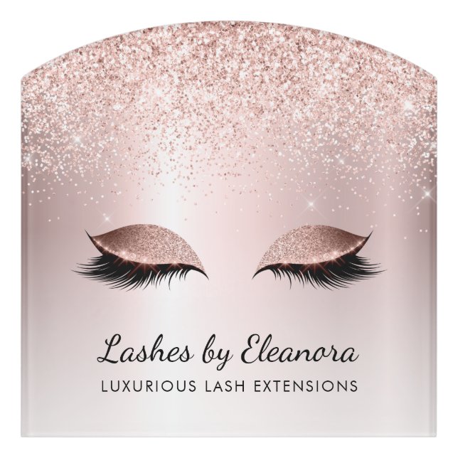 Rose Gold Metallic Blush Glitter Lash Extensions Door Sign (Contour Front)