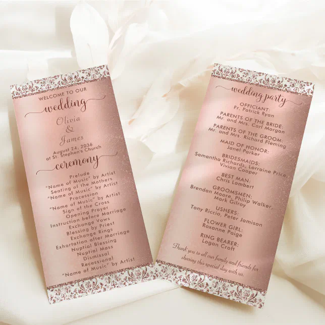 Rose Gold Metallic Damask Glam Wedding Program | Zazzle