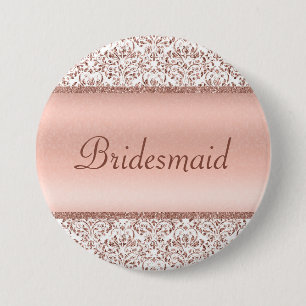 Rose Gold Metallic Damask Wedding Bridesmaid Button