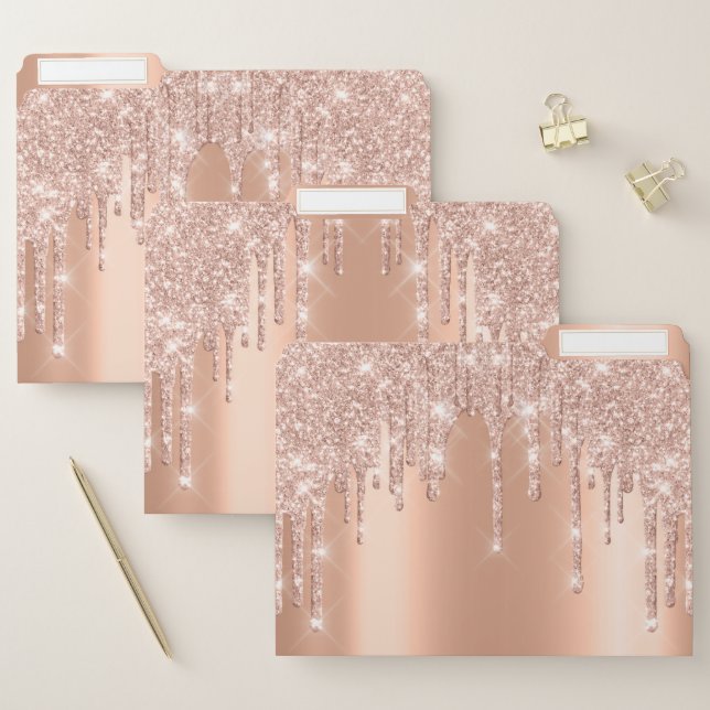 Rose Gold Metallic Drips Glitter Beauty Copper File Folder (Set)