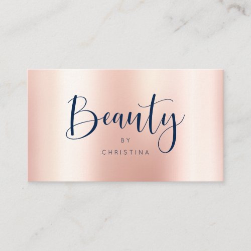 Rose gold metallic elegant navy blue beauty script business card