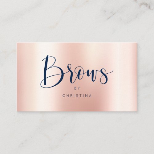 Rose gold metallic elegant navy blue brows script business card