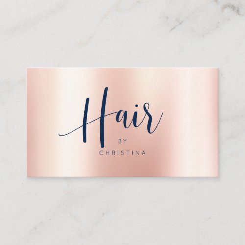 Rose gold metallic elegant navy blue hair script business card