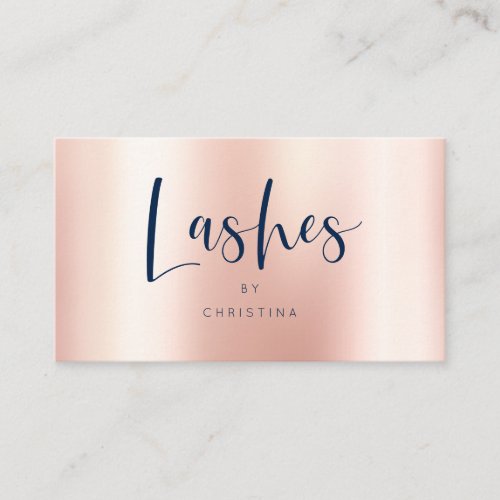 Rose gold metallic elegant navy blue lashes script business card