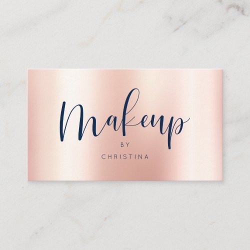 Rose gold metallic elegant navy blue makeup script business card