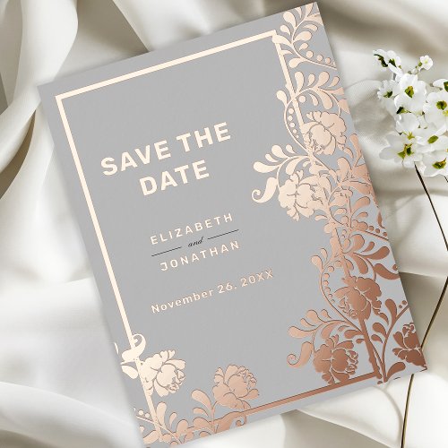 Rose Gold Metallic Floral Wedding Save the Date  Foil Invitation Postcard