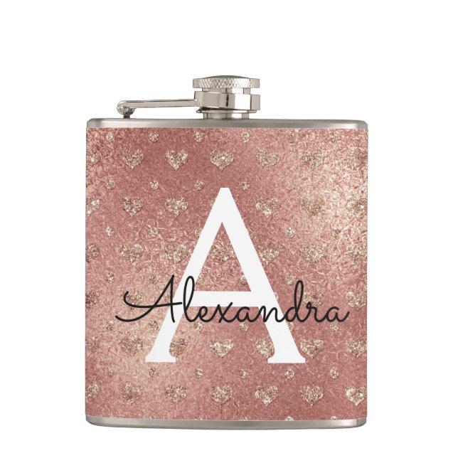 Rose Gold Metallic Foil Glam Monogram Initial Flask (Front)