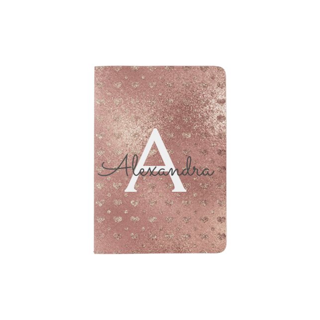 Rose Gold Metallic Foil Hearts Monogram Name Passport Holder (Front)