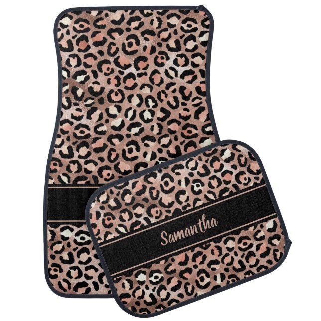 Rose Gold Metallic Foil Leopard Print Personalized Car Floor Mat (Set)