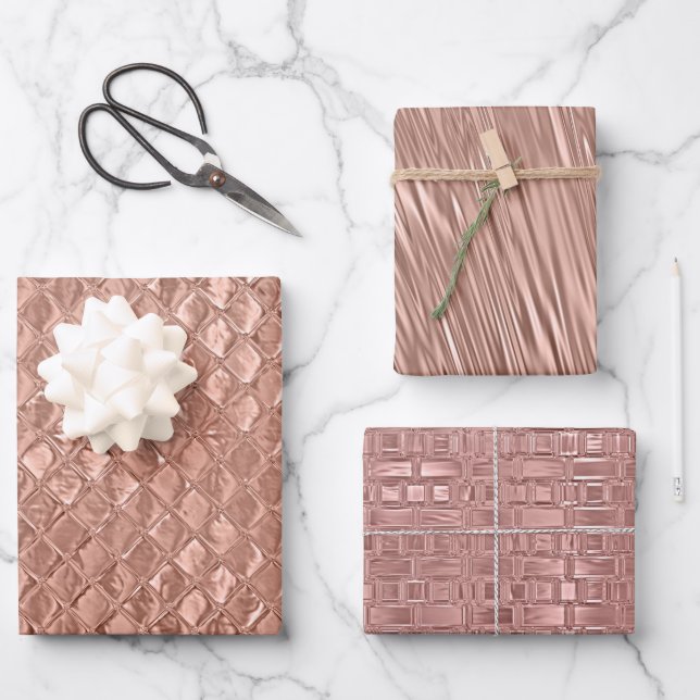 Rose Gold Metallic Foil Look Textured Wrapping Paper Sheets (Front)