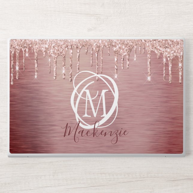 Rose Gold Metallic Glitter Drip Elegant Monogram HP Laptop Skin (Front)