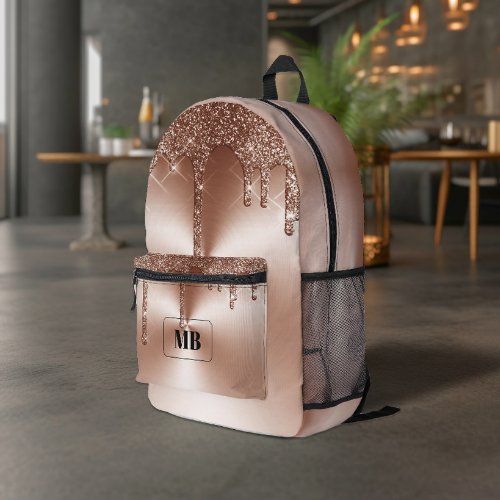 Rose Gold Metallic Glitter Drip Monogrammed Printed Backpack