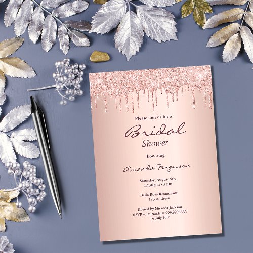 Rose gold metallic glitter drip pink bridal shower invitation