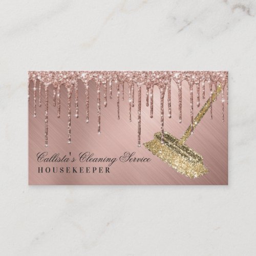 Rose Gold Metallic Glitter Drips Cleaning Service Business Card