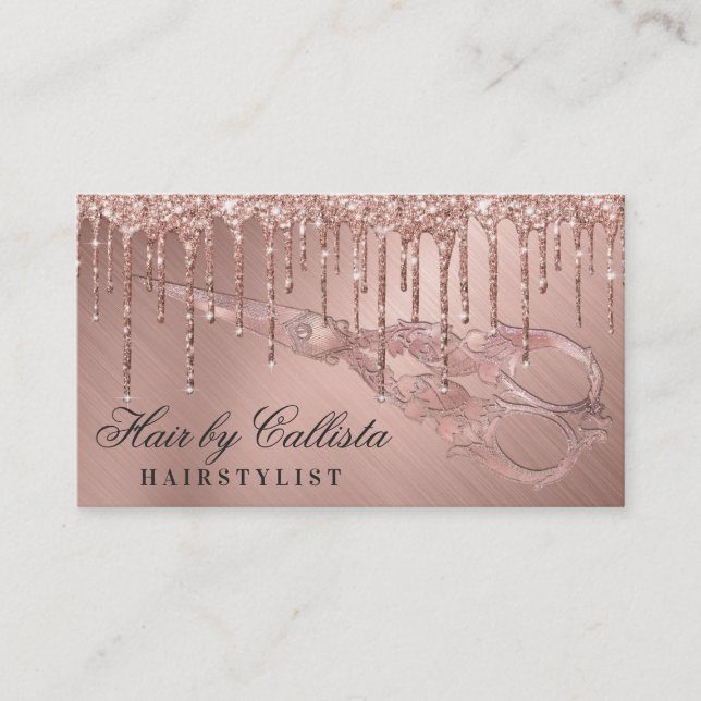 Rose Gold Metallic Glitter Drips Hair Scissors Business Card (Front)