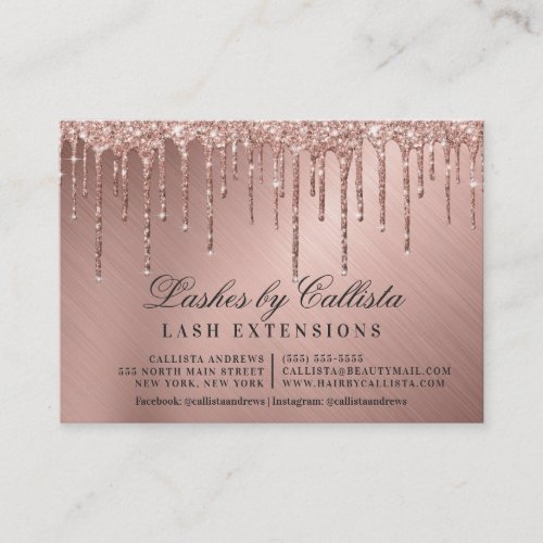 Rose Gold Metallic Glitter Drips Lashes Aftercare Business Card
