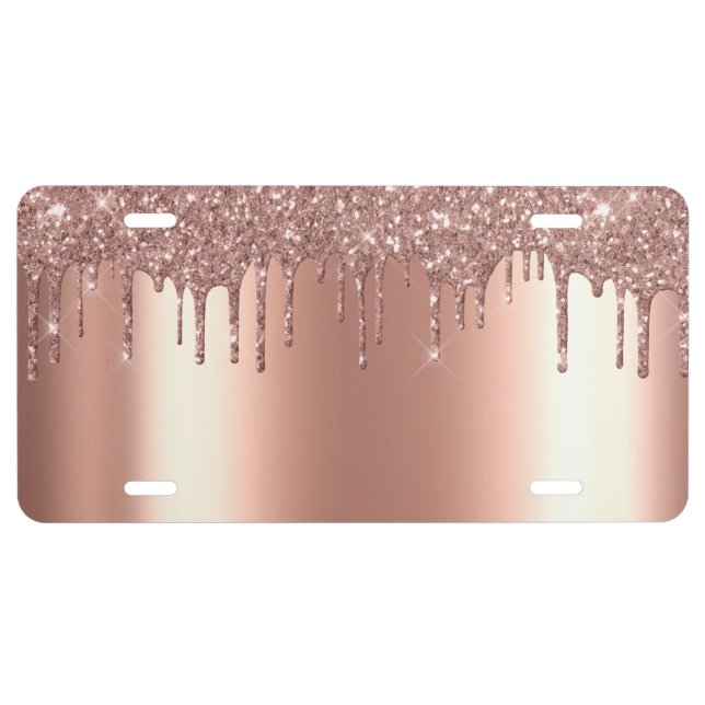 Rose Gold Metallic Glitter Drips License Plate (Front)