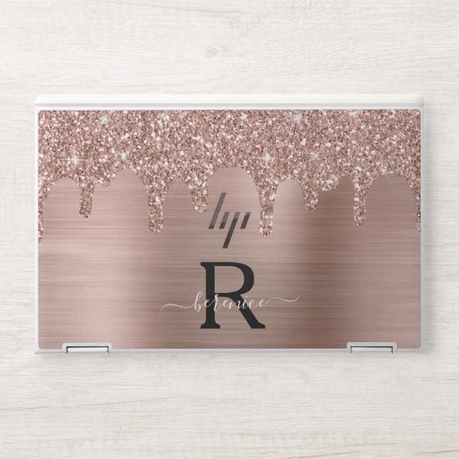 Rose Gold Metallic Glitter Drips Monogram HP Laptop Skin (Front)
