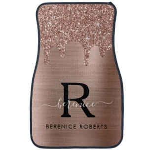 Rose Gold Metallic Glitter Drips Personalized Car Floor Mat