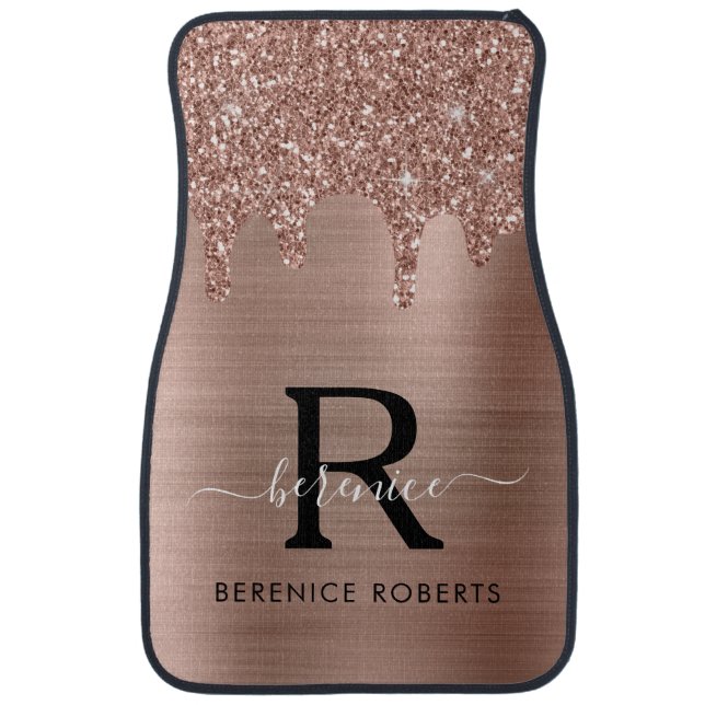 Rose Gold Metallic Glitter Drips Personalized Car Floor Mat (Front)