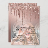 Rose Gold Metallic Glitter Drips Photo Quinceañera Invitation (Front/Back)