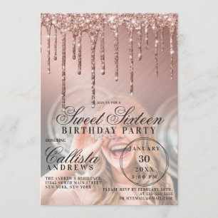 Rose Gold Metallic Glitter Drips Photo Sweet 16 Invitation