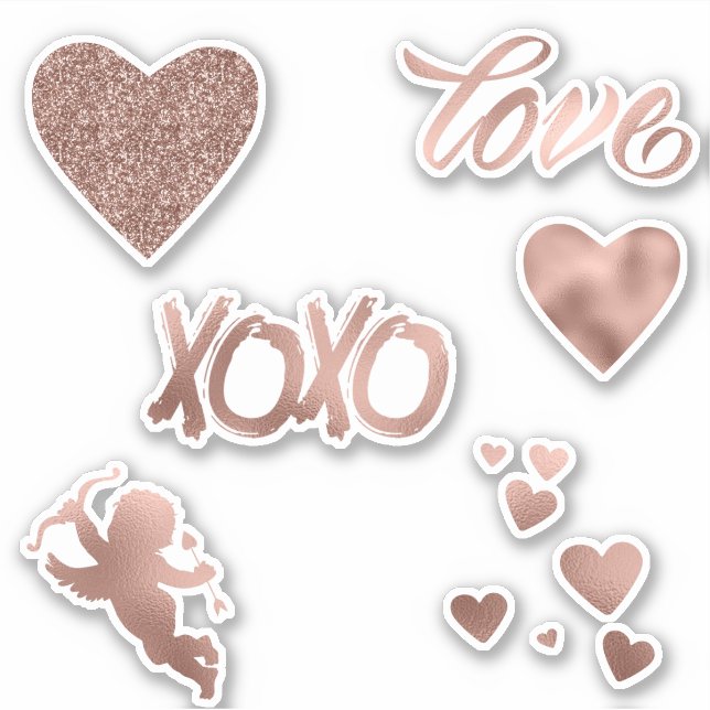 Rose Gold Metallic Glitter Love Heart Set Sticker (Front)