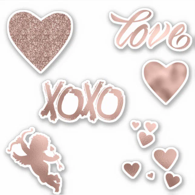 Rose Gold Metallic Glitter Love Heart Set Sticker | Zazzle
