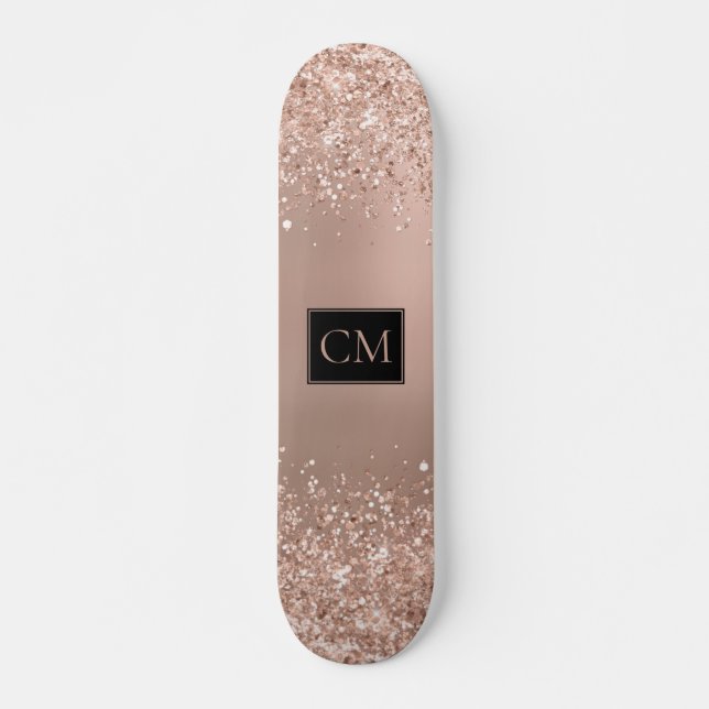 Rose Gold Metallic Glitter Monogram Skateboard (Front)