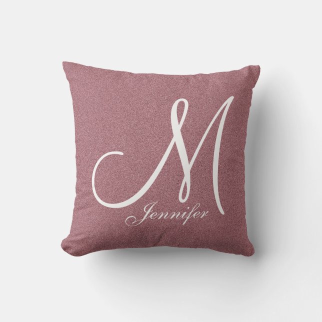 Rose gold metallic glitter white Monogram Throw Pillow (Front)
