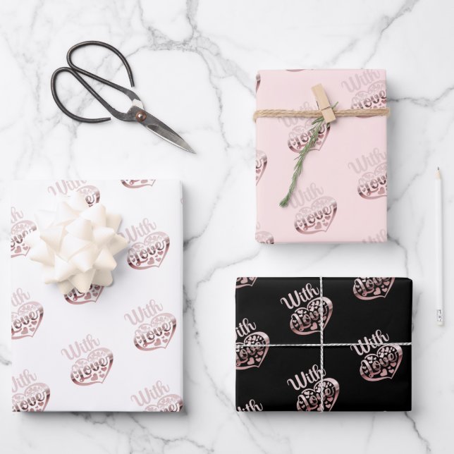 Rose gold metallic look Valentine heart love Wrapping Paper Sheets (Front)