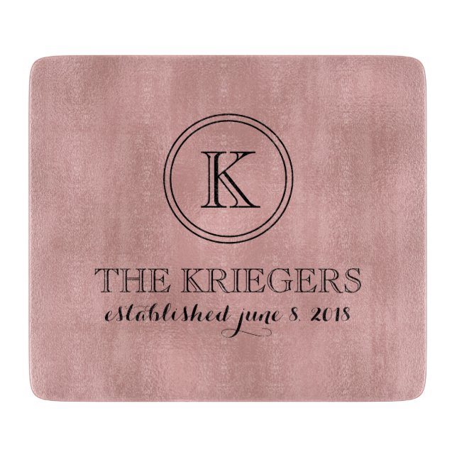 Rose Gold Metallic Marble Monogram Wedding Cutting Board (Front)