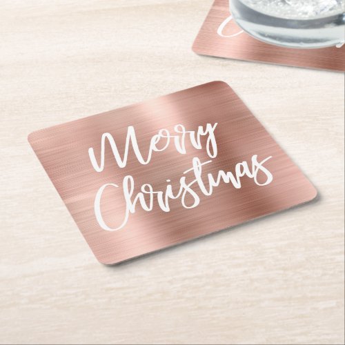 Rose Gold Metallic Merry Christmas Calligraphy Square Paper Coaster