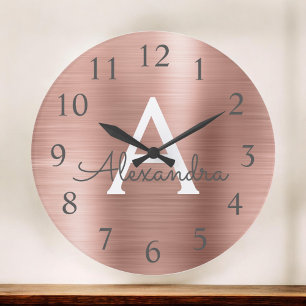 Rose Gold Metallic Monogram Name & Initial Large Clock