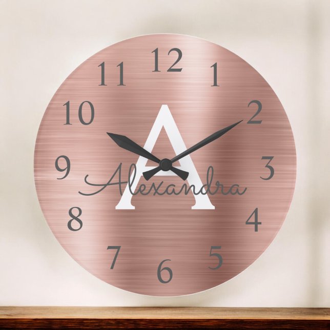 Rose Gold Metallic Monogram Name & Initial Large Clock (Creator Uploaded)