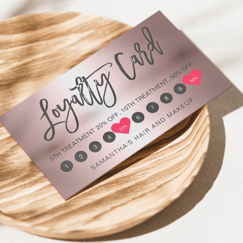 Rose gold metallic ombre script makeup pink 10 loyalty card