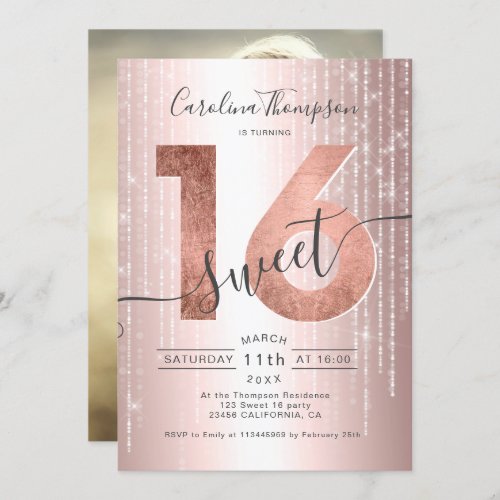 Rose gold metallic script light Sweet 16 photo Invitation