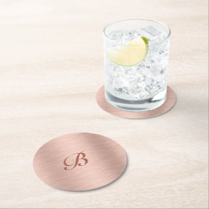 Rose Gold Metallic Texture Monogram Round Paper Coaster