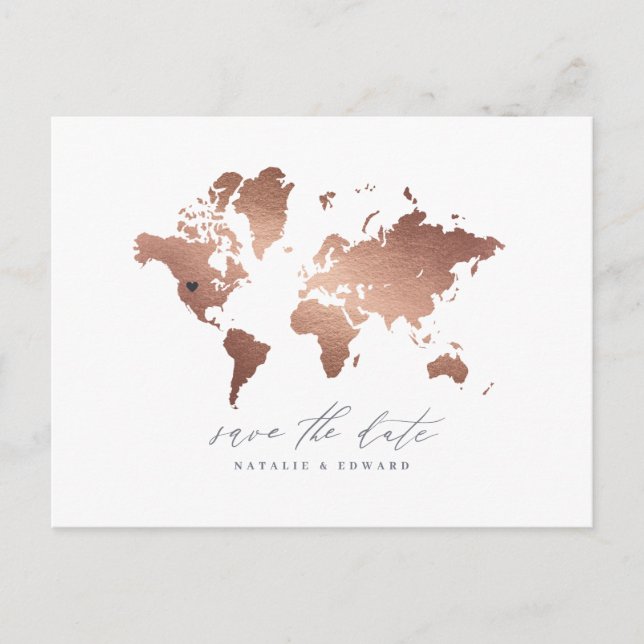 Rose gold metallic world map wedding announcement (Front)