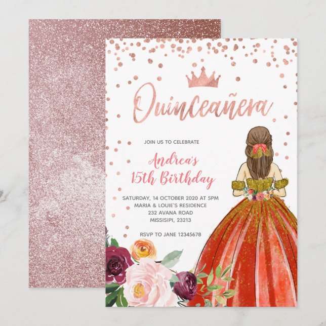 Rose Gold Mexican Princess Quinceañera Birthday Invitation (Front/Back)