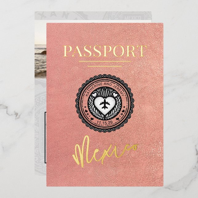 Rose Gold Mexico Passport Wedding Foil Invitation (Front/Back)