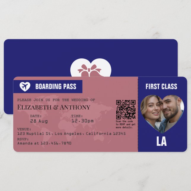 Rose Gold & Midnight Blue Boarding Pass Wedding Invitation (Front/Back)