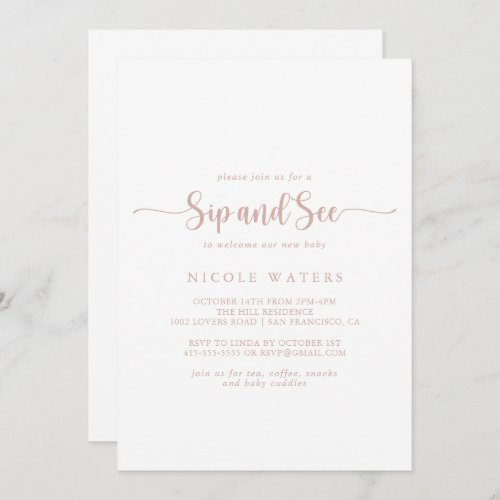 Rose Gold Minimalist Calligraphy Sip and See  Invitation