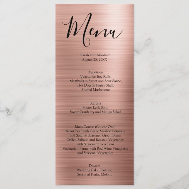 Rose Gold Minimalist Typography Wedding Menu Menus (Front)
